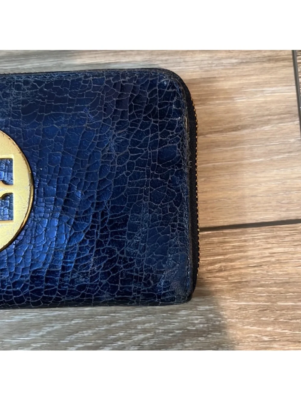 Tory Burch Black Leather Zip Wallet with Gold Logo